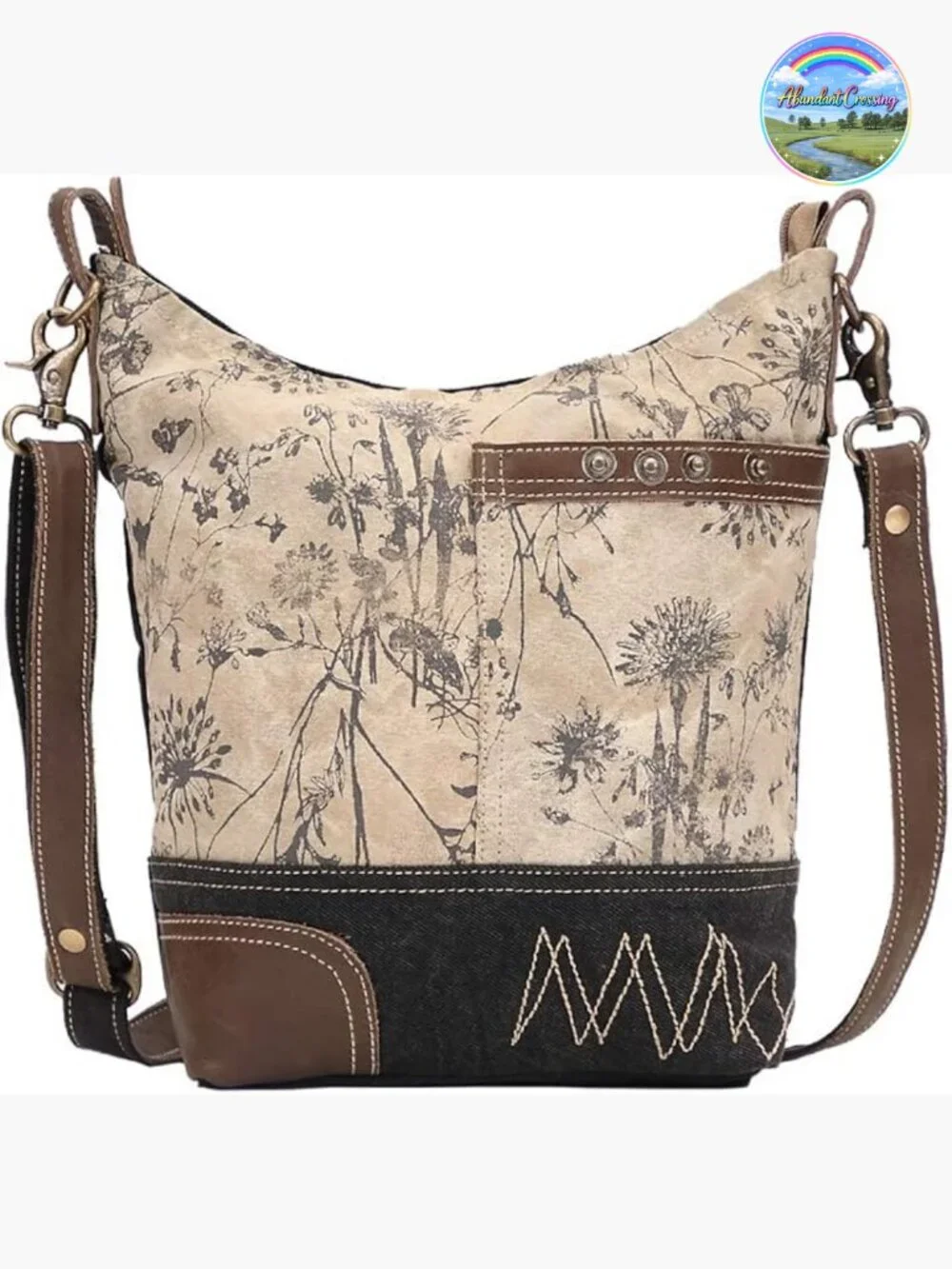Canvas Floral Purse with Genuine Leather Accents - Handcrafted Artisan Bag